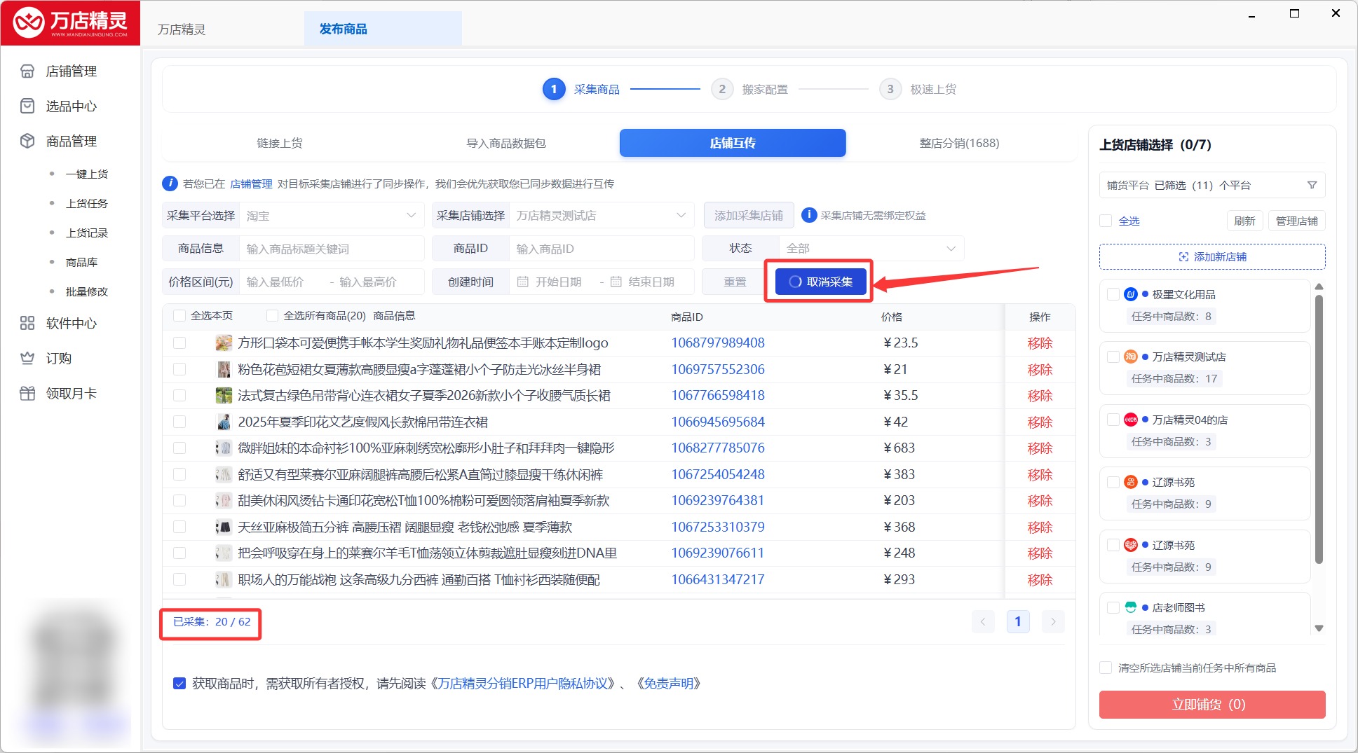 第 3 步：点击采集，左下角查看采集进度